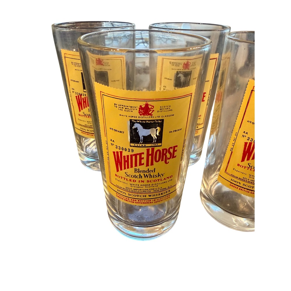 Vintage White Horse Scotch Whisky Highball Glasses Set x4 Yellow Label Tumblers